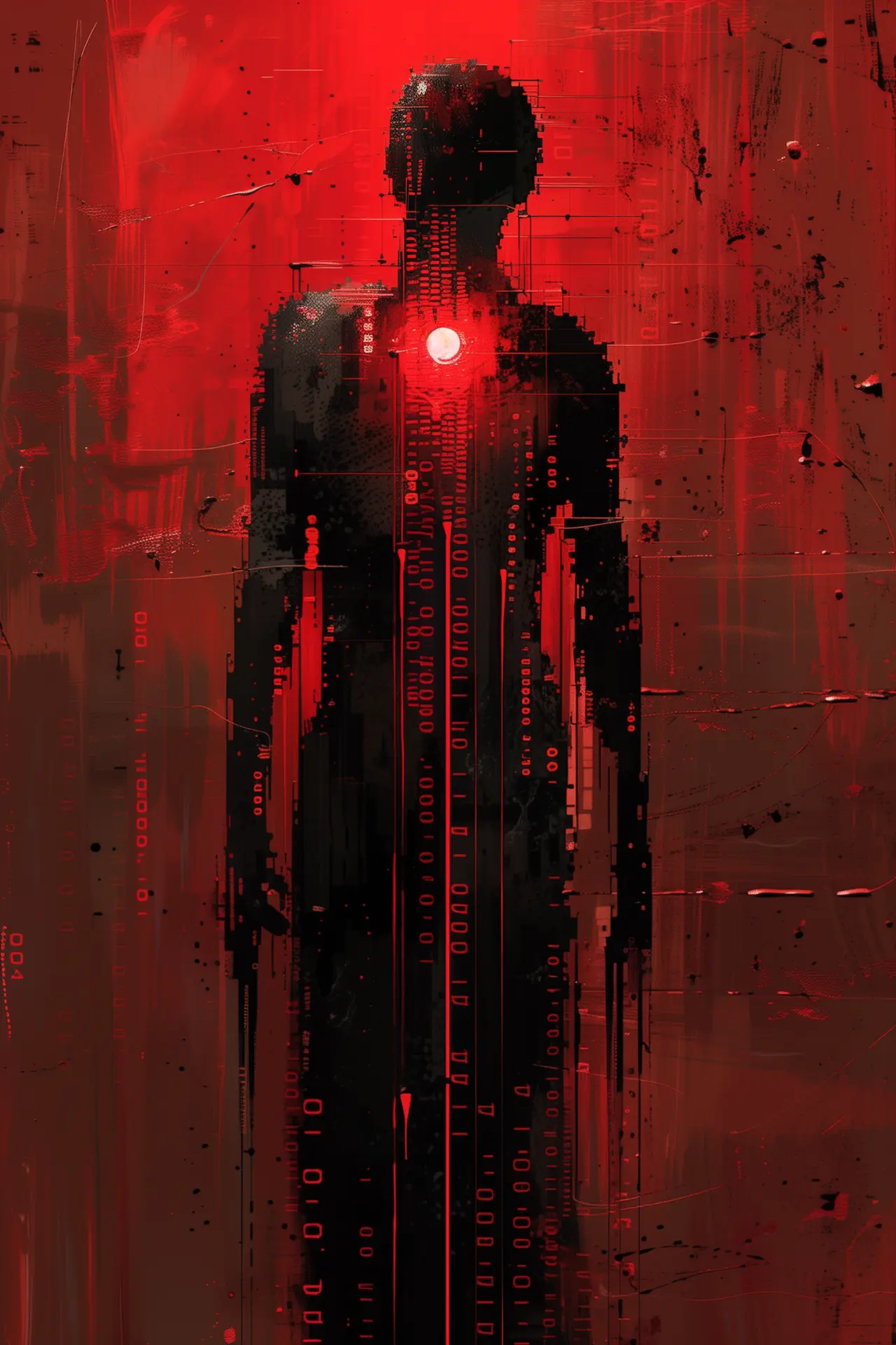 Copertina di Protocollo Loci: una figura umana che si dissolve in codice binario rosso e nero.